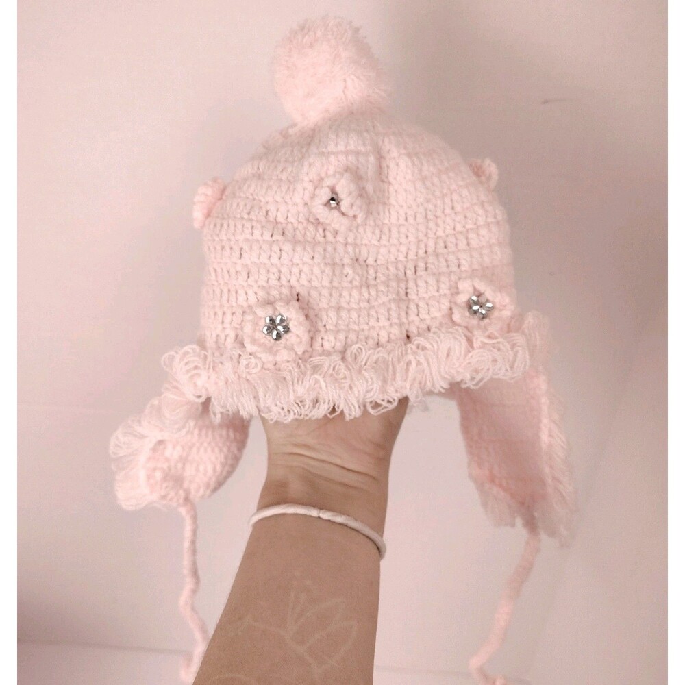 Handmade Crochet Pastel Beanie Winter Hat Toddler/ Small Child Tassels & Gems #1